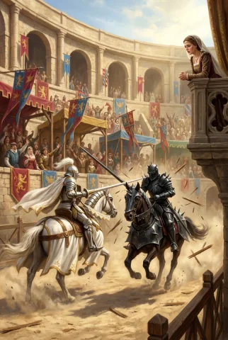 A Grand Medieval Tournament Unfolds In A Fortified Stone Arena — Nano Banana Pro AI Prompt: A grand medieval tournament unfolds in a fortified stone arena beneath a bright...