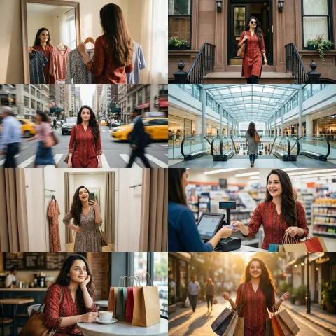 8-Photo Cinematic Shopping Day Collage — Gemini AI Prompt: A cinematic 8-photo storytelling collage featuring the same girl throughout the...