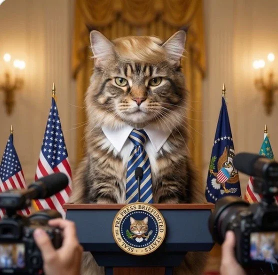 A Maine Coon Cat Stands Behind A Replica Presidential Press-Conference