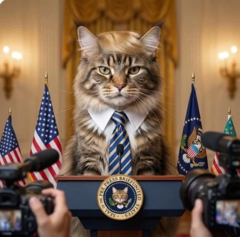 A Maine Coon Cat Stands Behind A Replica Presidential Press-Conference — Nano Banana Pro AI Prompt: A Maine Coon cat stands behind a replica presidential press-conference podium, w...