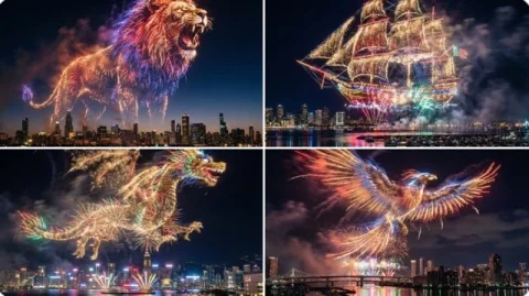 Fireworks Form The Shape Of Subject In The Night Sky — Nano Banana Pro AI Prompt: Fireworks form the shape of [SUBJECT] in the night sky above a waterfront city....
