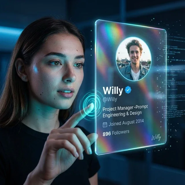 Futuristic Holographic Social Media Profile Card Floating In Mid-Air, Sci-Fi