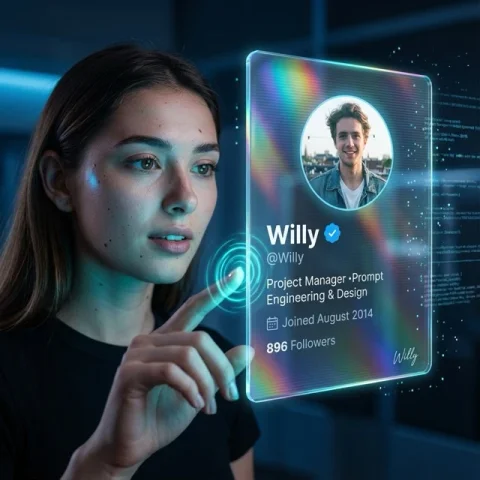 Futuristic Holographic Social Media Profile Card Floating In Mid-Air, Sci-Fi — Nano Banana Pro AI Prompt: Futuristic holographic social media profile card floating in mid-air, sci-fi tec...