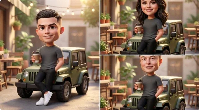 A Cute 3D Chibi-Style Character Leaning Against A Parked Mini