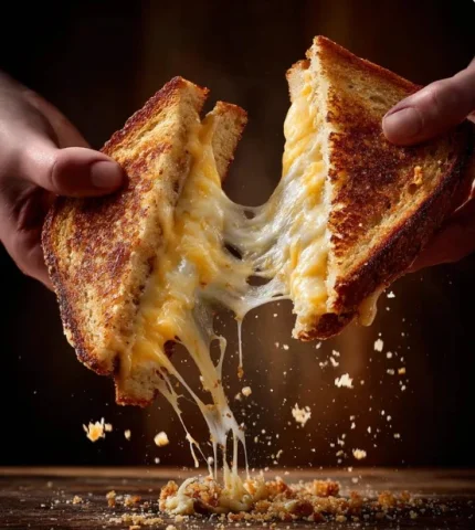 Two Hands Pulling Apart A Grilled Cheese Sandwich, Strands Of — Nano Banana Pro AI Prompt: two hands pulling apart a grilled cheese sandwich, strands of melted cheddar str...