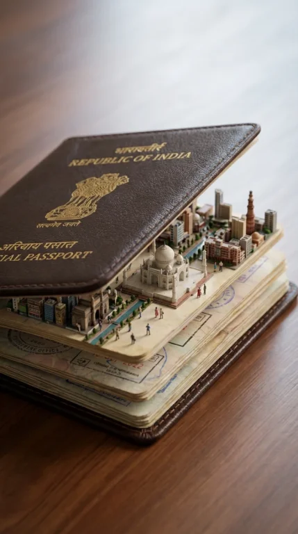 Hyper-Realistic Open Country Passport On A Studio Surface, With Gold-Embossed