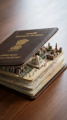 Hyper-Realistic Open Country Passport On A Studio Surface, With Gold-Embossed — Nano Banana Pro AI Prompt: Hyper-realistic open [COUNTRY] passport on a studio surface, with gold-embossed...