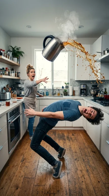 Surreal Comedic Scene Inside A Modern Kitchen: A Young Man