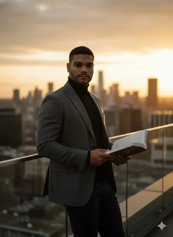 A Stylish Man Stands On An Urban Terrace At Sunset.