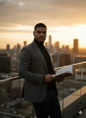 A Stylish Man Stands On An Urban Terrace At Sunset. — Nano Banana Pro AI Prompt: A stylish man stands on an urban terrace at sunset. He wears a gray plaid blazer...