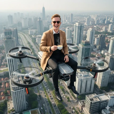 Depict Me (Use My Face Exactly As In The Uploaded — Nano Banana Pro AI Prompt: Depict me (use my face exactly as in the uploaded photo) sitting on a flying dro...