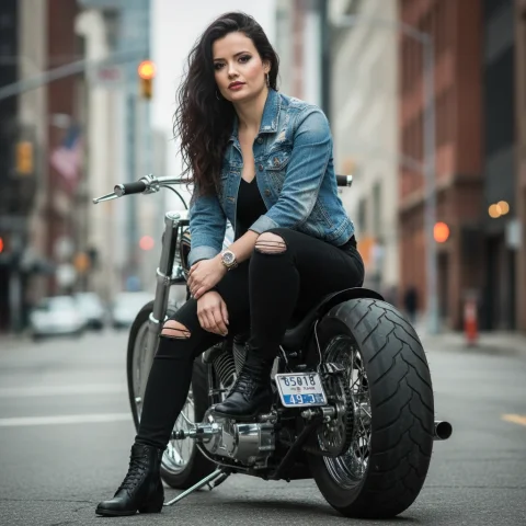 A Full-Length Portrait Of A Woman With A Biker-Chic Style, — Nano Banana Pro AI Prompt: A full-length portrait of a woman with a biker-chic style, sitting sideways on a...