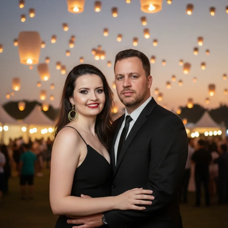 An Elegantly Dressed Couple Poses Under A Twilight Sky Filled