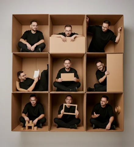 Create A Creative Collage Made Of Multiple Cardboard Boxes Arranged — Nano Banana Pro AI Prompt: Create a creative collage made of multiple cardboard boxes arranged in a 3x3 or...