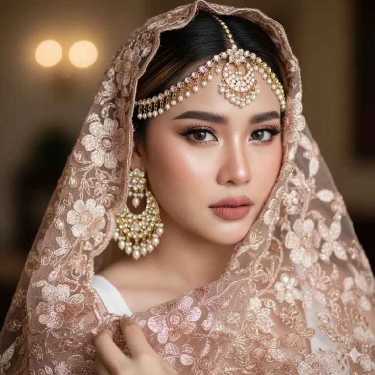 ภาพเจ้าสาวระยะใกล้อันน่าทึ่งของหญิงสาวสวยเอเชีย เธอสวมผ้าคลุมหน้าหรูหราปักลายดอกไม้สีโรสโกลด์ ปิดบังใบหน้าของเธอบางส่วน เครื่องประดับของเธอมีความประณีต เช่น ต่างหู Chandbali ประดับมุกและทองคำขนาดใหญ่ และเครื่องประดับศีรษะ Maang