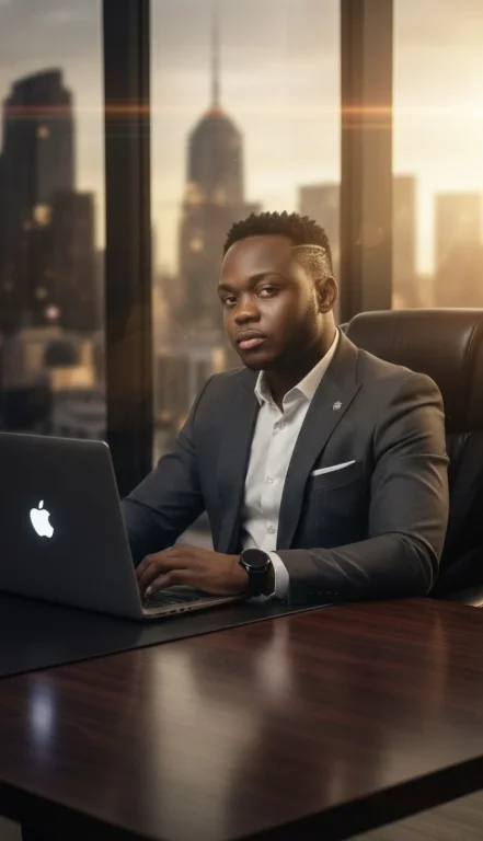 A Cinematic Office Scene Featuring A Confident Individual In A