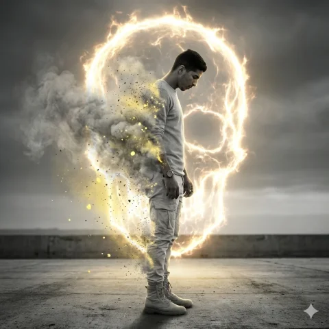 A Full-Body Profile Of A Man Facing Right, Standing On — Nano Banana Pro AI Prompt: A full-body profile of a man facing right, standing on a stark concrete surface...