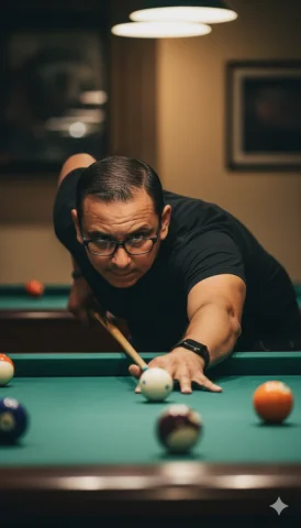Retrato Cinematográfico Hiperrealista De Hombre Adjunto Jugando Billar, Capturado En — Nano Banana Pro AI Prompt: Retrato cinematográfico hiperrealista de hombre adjunto jugando billar, capturad...