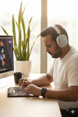 A Focused Man With Silver Over-Ear Apple Airpods Max Is — Nano Banana Pro AI Prompt: A focused man with silver over-ear Apple Airpods Max is seated at a wooden desk,...