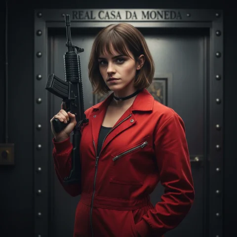A Bold, Cinematic, Medium-Length Portrait In The Style Of The — Nano Banana Pro AI Prompt: A bold, cinematic, medium-length portrait in the style of the "Money Heist" seri...