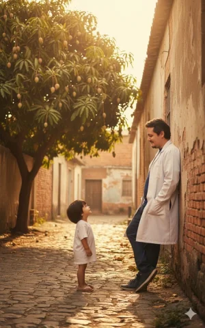 A Cinematic, Photorealistic Full-Body Shot Of An Adult Meeting His — Nano Banana Pro AI Prompt: A cinematic, photorealistic full-body shot of an adult meeting his childhood s...
