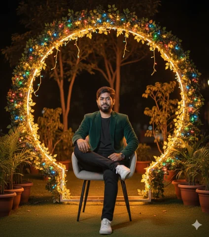 A Stylish Young Man Sitting Confidently On A Chair Outdoors — Nano Banana Pro AI Prompt: "A stylish young man sitting confidently on a chair outdoors at night, framed in...