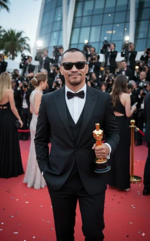 A Low-Angle Close-Up Shot In A Three-Piece Tuxedo, Confidently Walking — Nano Banana Pro AI Prompt: A low-angle close-up shot in a three-piece tuxedo, confidently walking the red c...