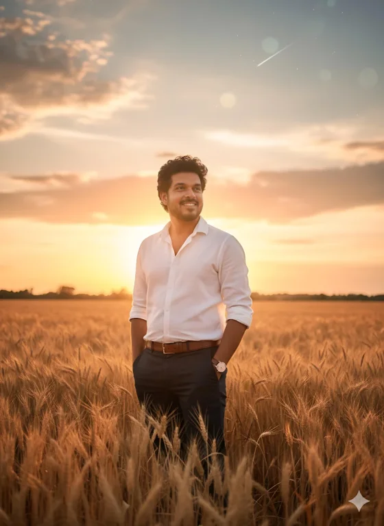 Handsome Young Man Standing In A Golden Wheat Field During