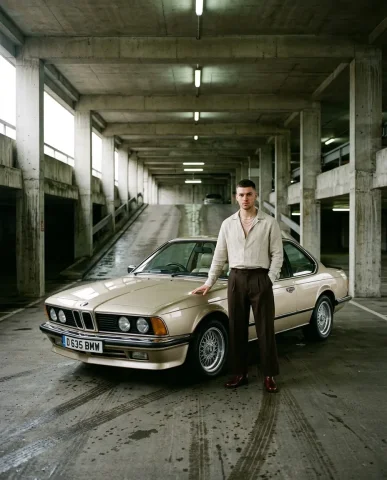 Luxury Sedan Editorial Menswear 6 — Nano Banana AI Prompt: Wide environmental editorial photograph inside a raw poured-concrete parking str...