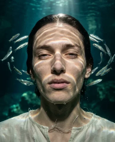 Underwater Surreal Fashion Editorial 2 — Nano Banana AI Prompt: Underwater fashion editorial shot from directly below in a warm emerald cenote....