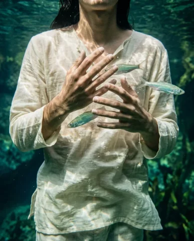 Underwater Surreal Fashion Editorial 5 — Nano Banana AI Prompt: Wearing a soaked ivory raw-silk tunic billowing in slow motion around the torso,...