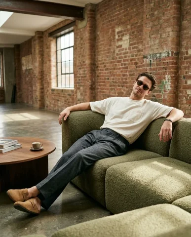Industrial Loft Menswear Lounge 1 — Nano Banana AI Prompt: High-fashion editorial photograph of a male model standing beside a large indust...