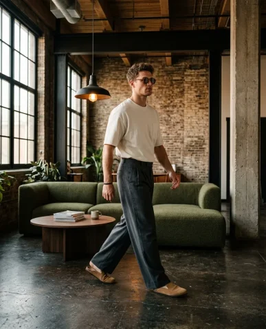 Industrial Loft Menswear Lounge 5 — Nano Banana AI Prompt: Low-angle editorial fashion photograph in a converted warehouse loft. A male mod...