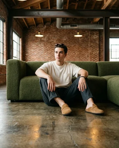 Industrial Loft Menswear Lounge 6 — Nano Banana AI Prompt: Wide editorial establishing shot of a converted warehouse loft interior. The ful...