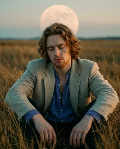 Coastal Golden Hour Cinematic Portrait 6 — Nano Banana AI Prompt: Cinematic profile portrait of a young man with loose wavy auburn hair silhouette...