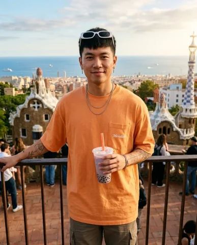 Barcelona Rooftop Boba Streetwear Portrait 1 — Nano Banana AI Prompt: Mediterranean shimmer. Warm late-afternoon golden light raking across the face f...