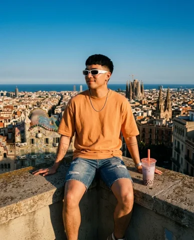 Barcelona Rooftop Boba Streetwear Portrait 3 — Nano Banana AI Prompt: The large clear cup of taro ube milk tea with chewy tapioca pearls and coral-pin...
