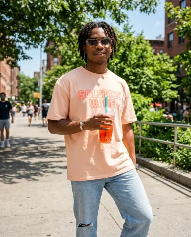Summer Streetwear Boba Portrait 1 — Nano Banana AI Prompt: Solstice Wave\" text screen-printed across the chest in a retro rounded typeface...