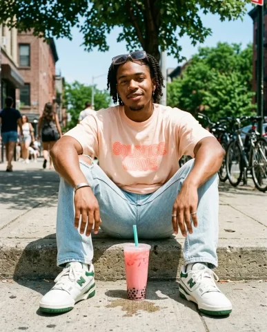 Summer Streetwear Boba Portrait 3 — Nano Banana AI Prompt: Black man with fresh medium-length twist-outs seated on a concrete sidewalk curb...