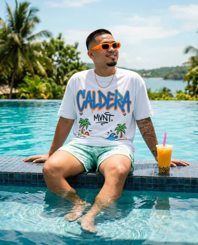 Poolside Boba Streetwear Editorial 2 — Nano Banana AI Prompt: Full-body editorial fashion photograph at a vivid aquamarine tiled infinity pool...