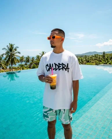 Poolside Boba Streetwear Editorial 6 — Nano Banana AI Prompt: Detail shot at a vivid aquamarine tiled infinity pool. Tight framing on the arm...