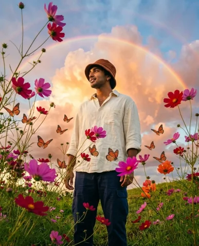 Surreal Flower Field Dreamscape 1 — Nano Banana AI Prompt: Low-angle cinematic shot looking upward through vivid magenta and crimson cosmos...