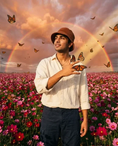 Surreal Flower Field Dreamscape 2 — Nano Banana AI Prompt: South Asian man in his early 20s standing in an endless field of vivid magenta a...