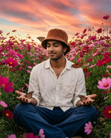 Surreal Flower Field Dreamscape 6 — Nano Banana AI Prompt: Cinematic eye-level portrait of a young South Asian man in his early 20s seated...
