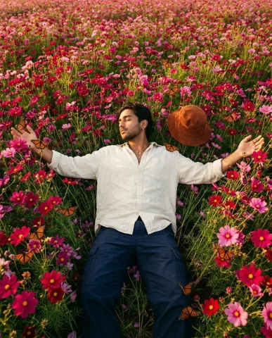 Surreal Flower Field Dreamscape 7 — Nano Banana AI Prompt: Cinematic overhead shot looking straight down at a young South Asian man in his...