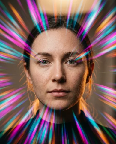 Chromatic Motion-Streak Portrait 1 — Nano Banana AI Prompt: Three-quarter angle portrait where deliberate slow-shutter camera motion produce...
