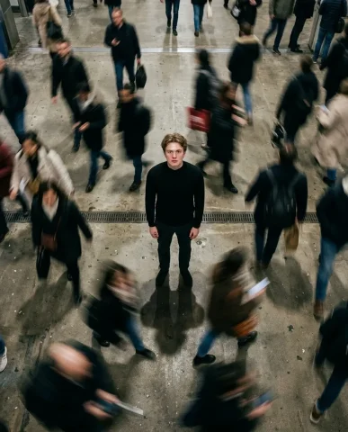 Isolated Stillness in Motion Blur 7 — Nano Banana AI Prompt: Ultra-realistic cinematic overhead shot looking straight down at a young man sta...