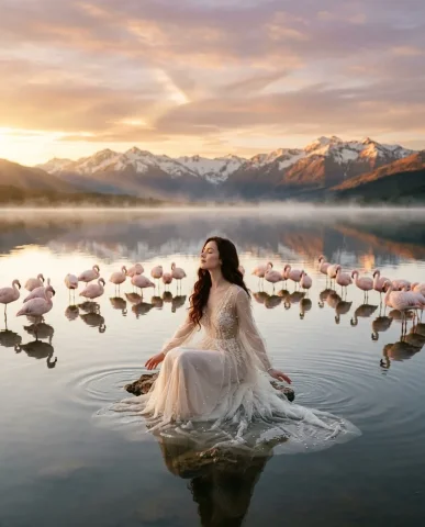Ethereal Lake Ceremony at Golden Hour 1 — Nano Banana AI Prompt: Surrounding her in a wide natural ring: dozens of pale pink flamingos standing m...