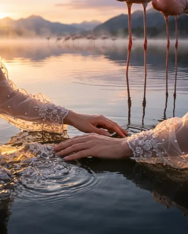 Ethereal Lake Ceremony at Golden Hour 4 — Nano Banana AI Prompt: Cinematic detail shot focused on the hands of a serene ethereal woman resting pa...