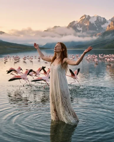 Ethereal Lake Ceremony at Golden Hour 5 — Nano Banana AI Prompt: Cinematic portrait of a serene ethereal woman with delicate bone structure and l...